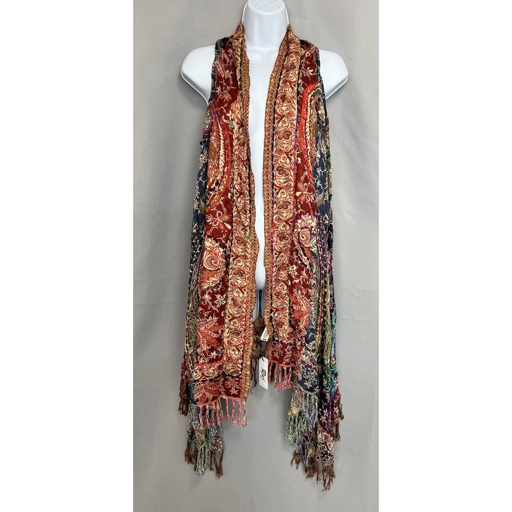 Raj Floral Embroidered Cardigan Womens‎ One Size Red Boho Fringe Sleeveless Long
